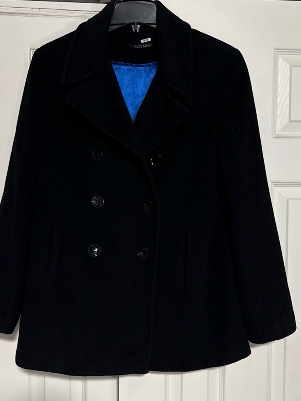 Calvin Klein Women's Black Double-Breasted Pea Coat with Blue Lining